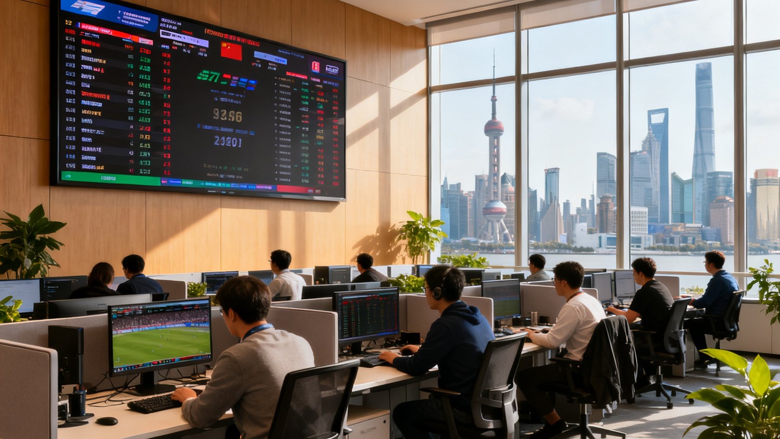 熊猫直播上海张江总部办公场景：开放式的现代办公空间，墙面上悬挂着实时赛事数据大屏，数十位技术人员在工位前专注工作，窗外的上海天际线清晰可见，整体色调温暖明亮。