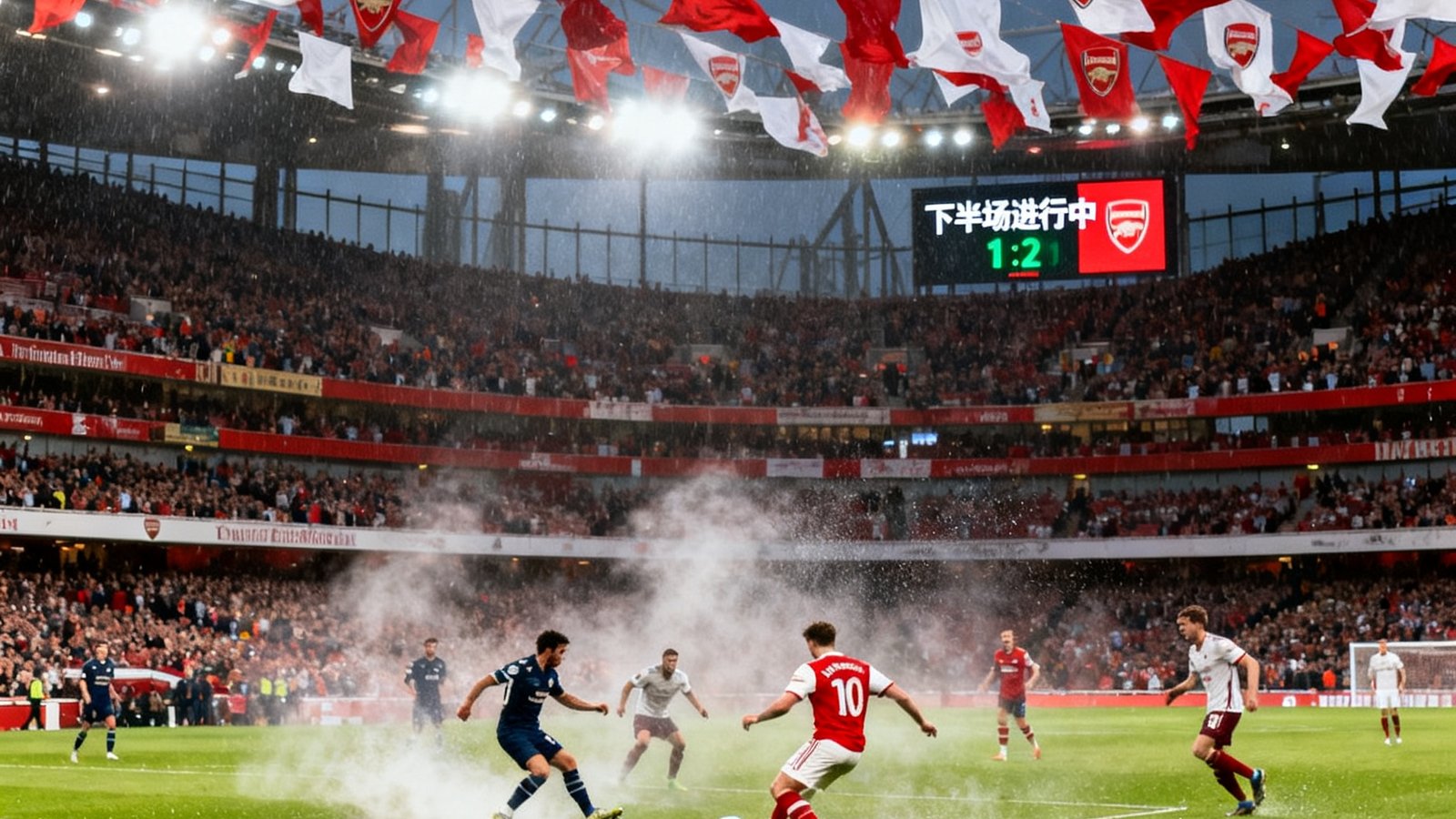 英超联赛直播画面：阿森纳主场酋长球场内座无虚席，红色与白色的球迷旗帜在看台上翻涌，双方球员在中场激烈拼抢，草坪上水雾在灯光下闪烁，比分牌显示下半场进行中。