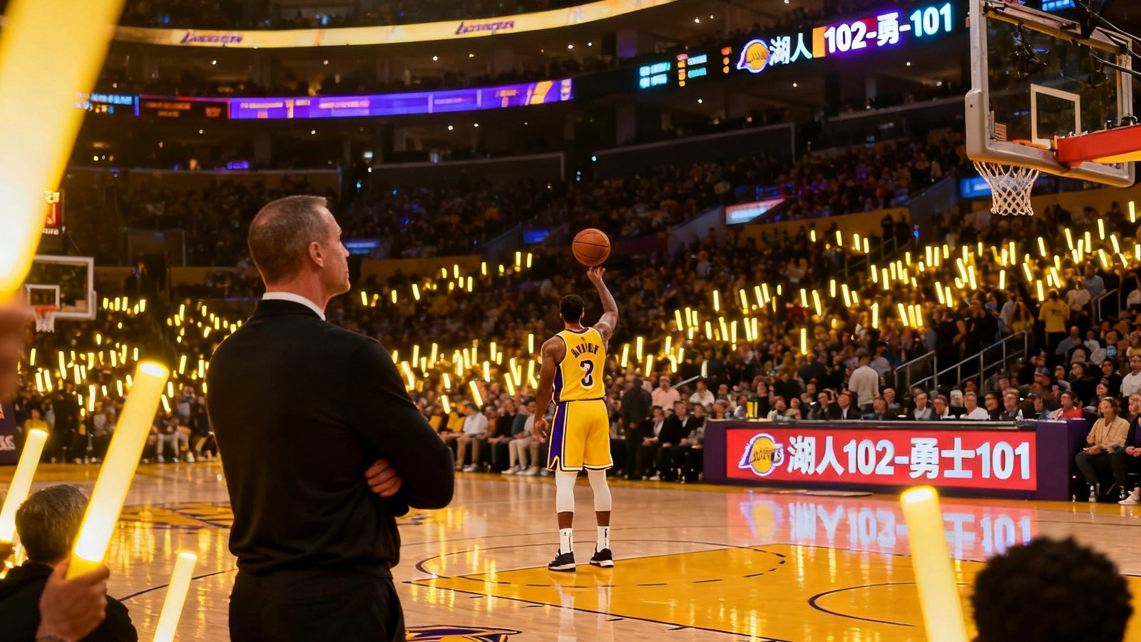 NBA季后赛直播场景：斯台普斯中心球场灯光璀璨，湖人队球员正在执行关键罚球，全场观众屏息凝神，场边教练神情专注，电子记分牌上的比分紧咬，气氛紧张到极点。